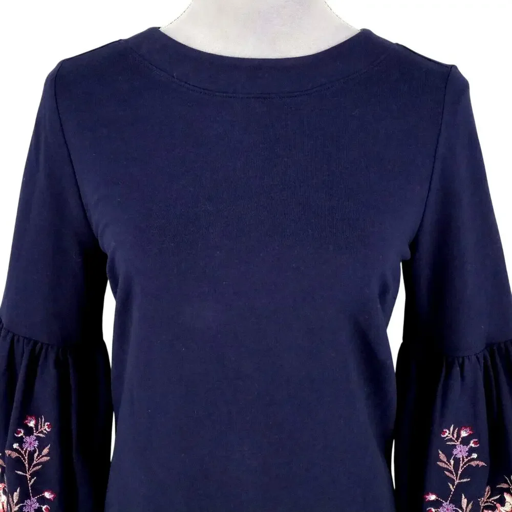 Loft Dress Womens Small Navy Blue Embroidered Bell Slv Stretch Cotton Knit New